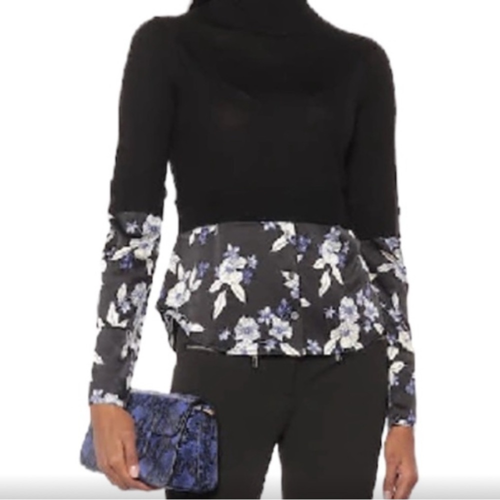 Veronica Beard Black and Blue Floral Turtleneck Sweater